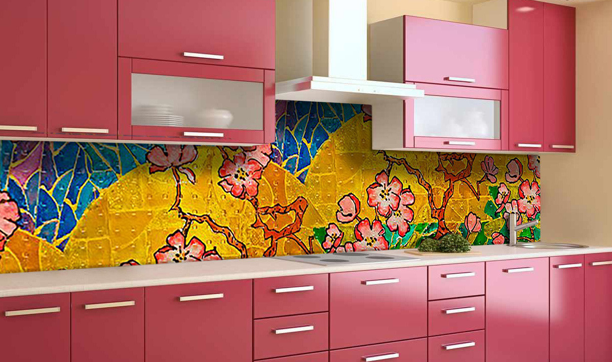 Вініловий кухонний фартух Яскравий Вітраж (наклейка для кухні ПВХ плівка скіналі) квіти Текстура Жовтий, фото 1