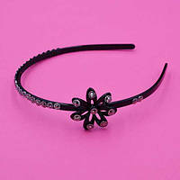 Обруч для волосся чорний пластик квітка сірі стрази