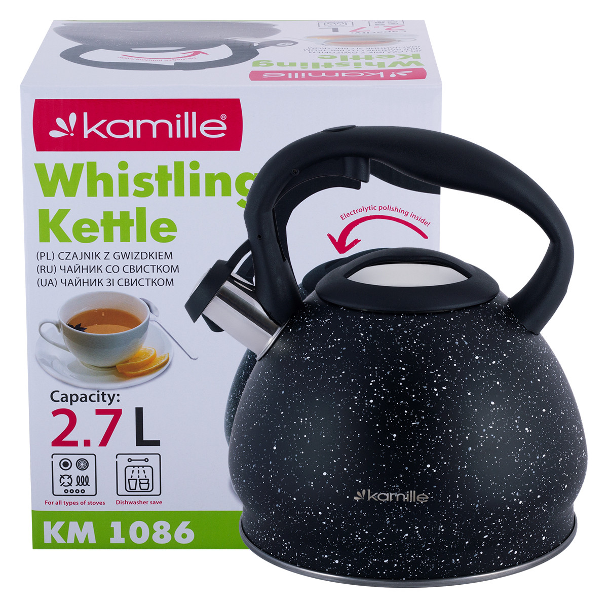 Чайник Kamille 2,7 л з нержавіючої сталі зі свистком і нейлонової ручкою KM-1086