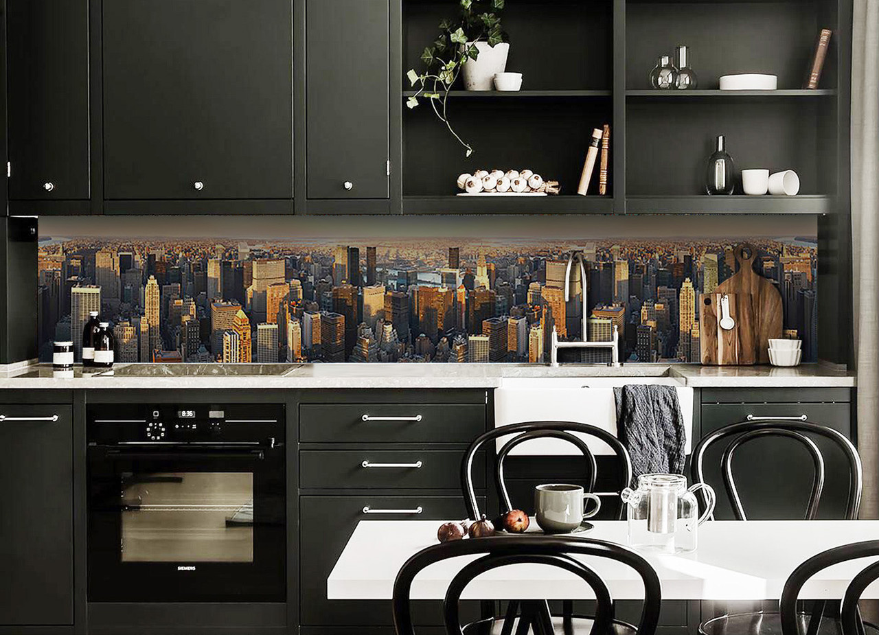 Вініловий кухонний фартух Ранок Хмарочоси (наклейка для кухні ПВХ плівка скіналі) вид на місто Коричневий