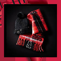 Комплект теплая зимняя шапка с помпоном и шарф Victoria's Secret art519904 (Черный/Красный, One size)