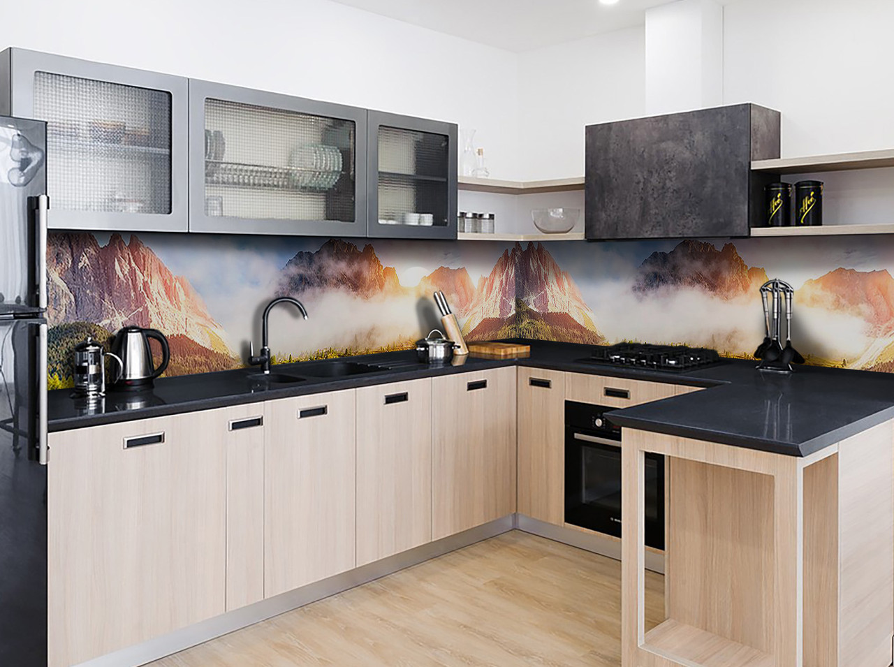 Вініловий кухонний фартух Високо в горах (наклейка для кухні ПВХ плівка скіналі) скелі туман Природа