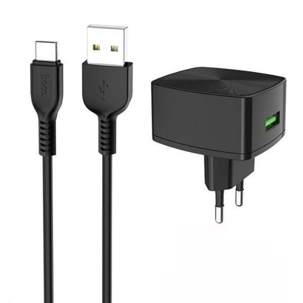 Зарядний пристрій для телефону + кабель USB Type-C Android HOCO C70A |1USB, QC3.0, 3A| Чорний, фото 1