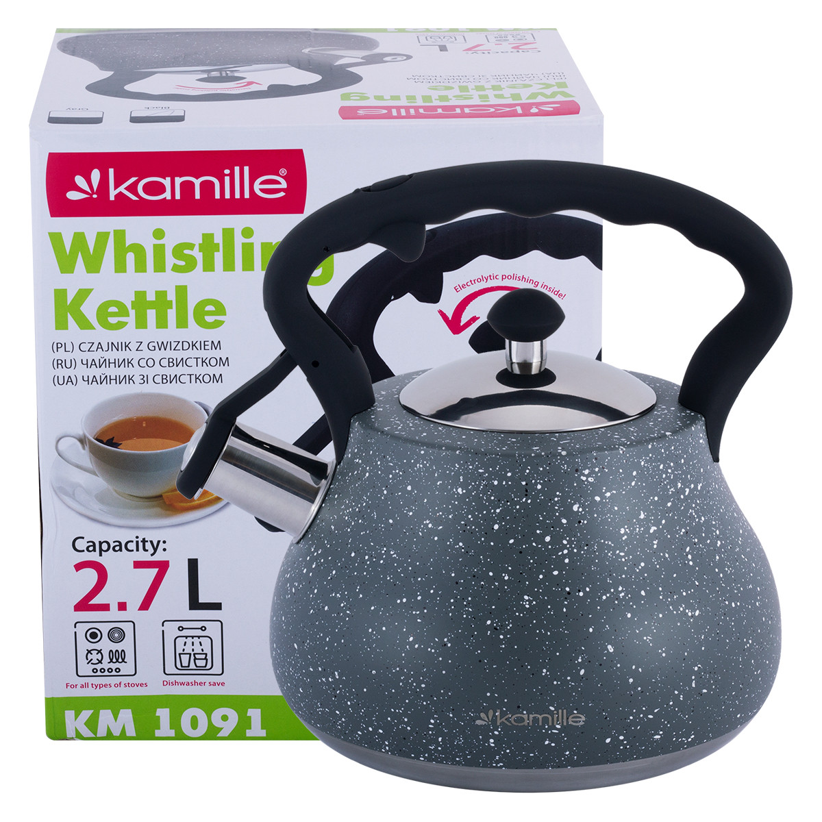 Чайник Kamille Сірий 2,7 л з нержавіючої сталі зі свистком і нейлонової ручкою KM-1091