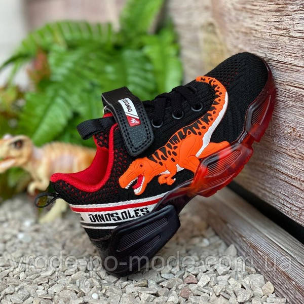 Повітропроникні дитячі 3D кросівки з динозаврами «Dinosoles» T-REX, з миготливою підошвою, фото 1