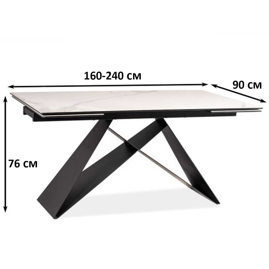 Обідній розсувний стіл Westin III 160-240х90см з білою керамічною стільницею під мармур і чорною ніжкою, фото 1
