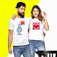 Парні футболки з принтом QR-код та Робот Push IT XS, Білий