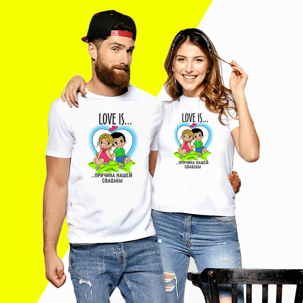 Парні футболки з принтом "Love is причина нашого весілля" Push IT XS, Білий