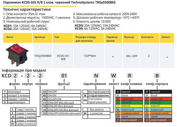 Перемикач KCD5-101 R/B 1 червона клавіша Ny95500863, фото 2