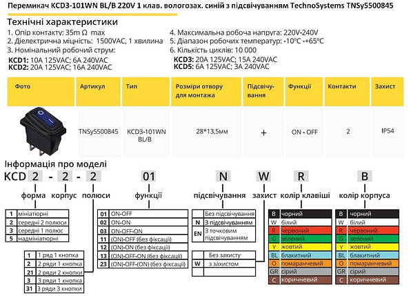 Перемикач KCD3-101WN BL/B 220V 1 кнопка синя вологозахисна із підсвічуванням Ny95500845, фото 2
