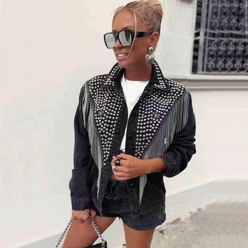 Куртка женская джинсовая с заклепками и бахромой. Джинсовка с цепями (черная) L - фото 7 - id-p1247227651