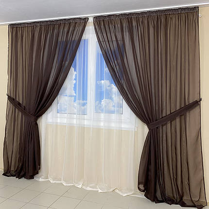 Комплект шифонових тюлів №424 3шт. 3*2,70 м і підхоплення Шоколад з молочним, фото 1