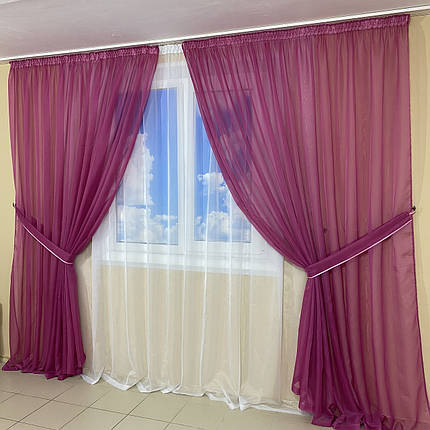 Комплект шифонових тюлів №424 3шт. 3*2,70 м і підхоплення Малиновий з білим, фото 1