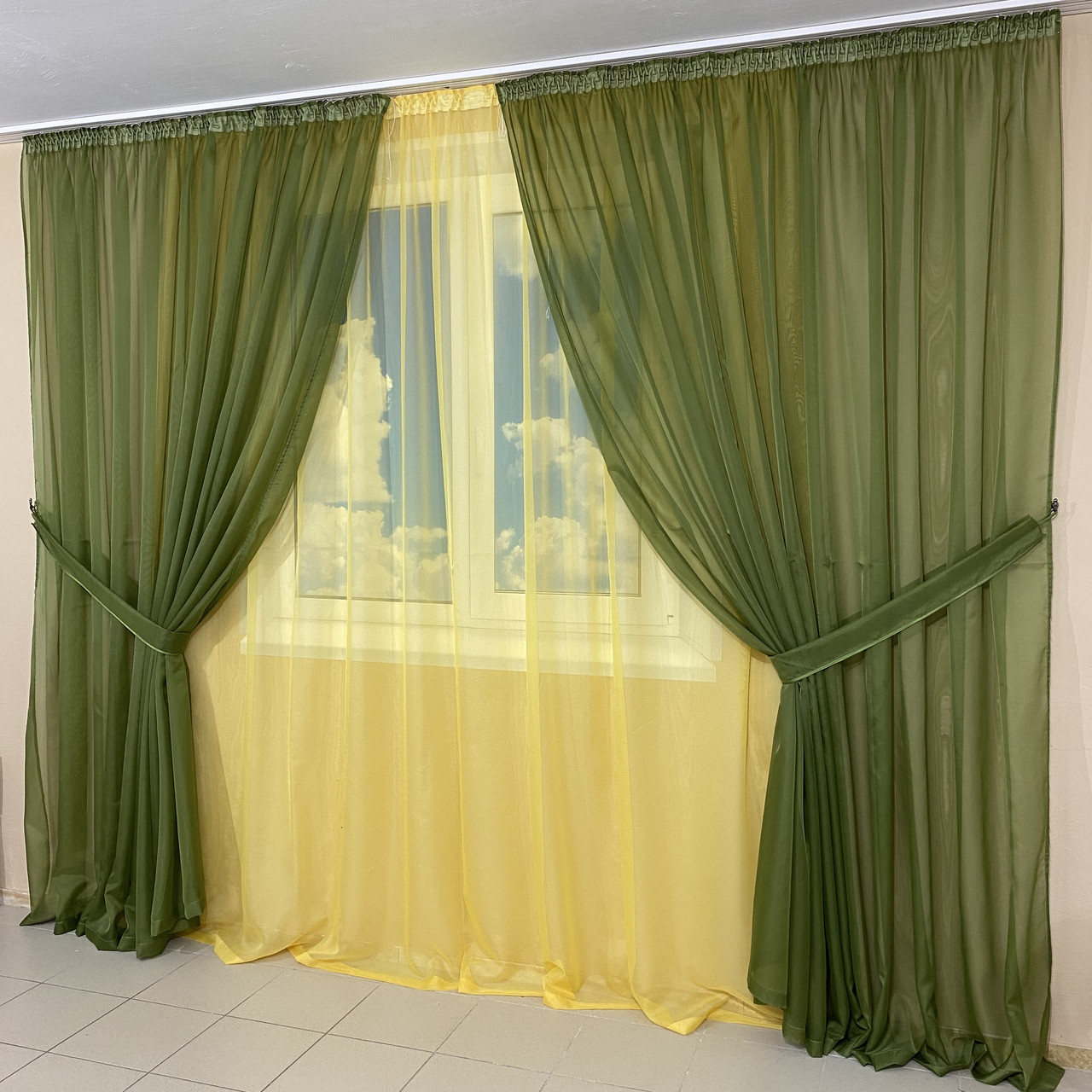 Комплект шифонових тюлів №424 3шт. 3*2,70 м і підхоплення Зелений з жовтим