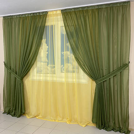 Комплект шифонових тюлів №424 3шт. 3*2,70 м і підхоплення Зелений з жовтим, фото 1