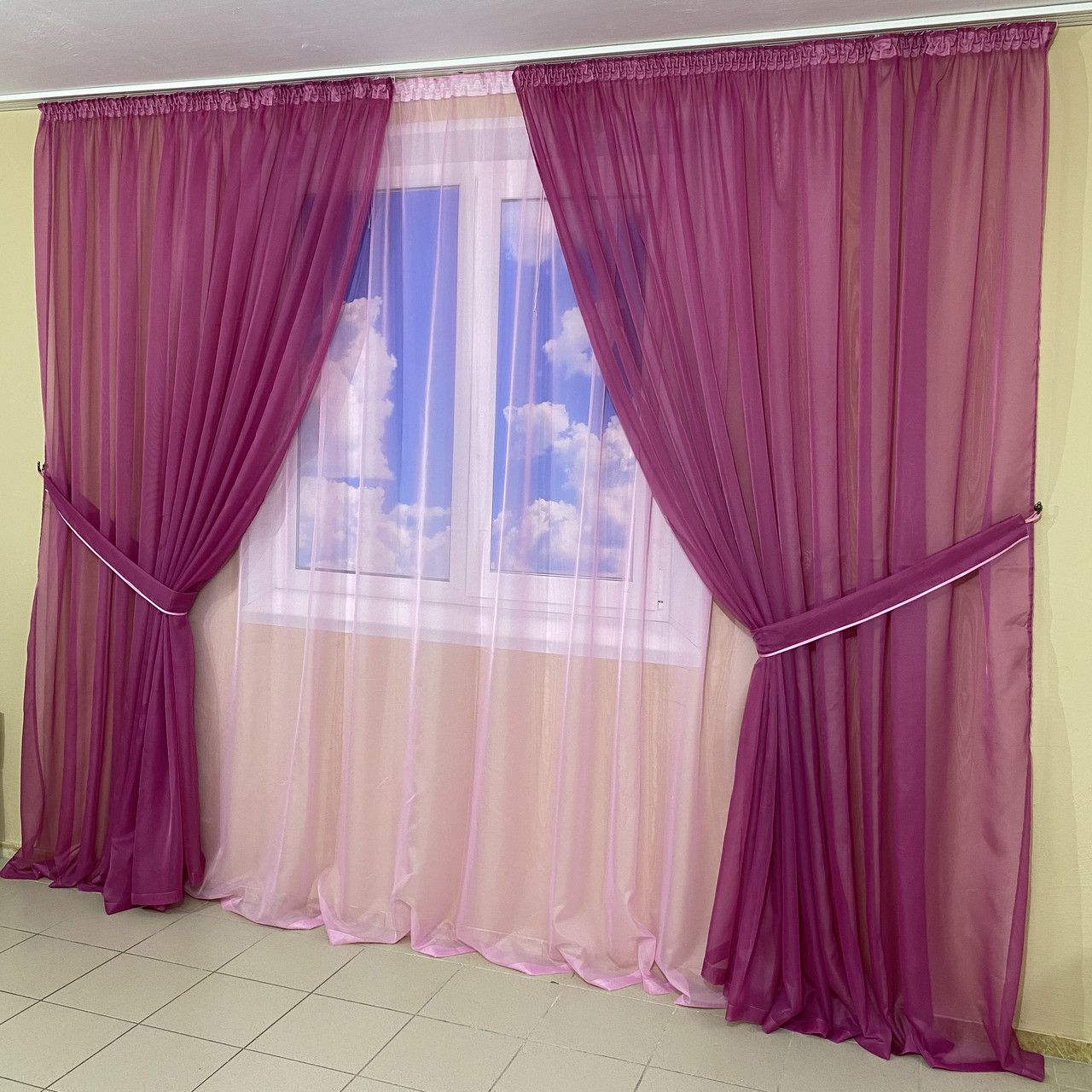 Комплект шифонових тюлів №424 3шт. 3*2,70 м і підхоплення Малиновий з рожевим