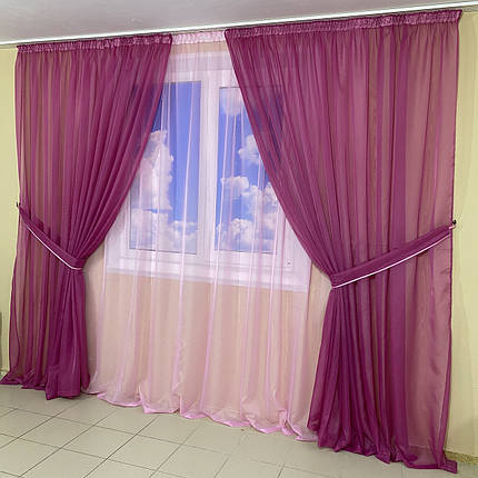 Комплект шифонових тюлів №424 3шт. 3*2,70 м і підхоплення Малиновий з рожевим, фото 1