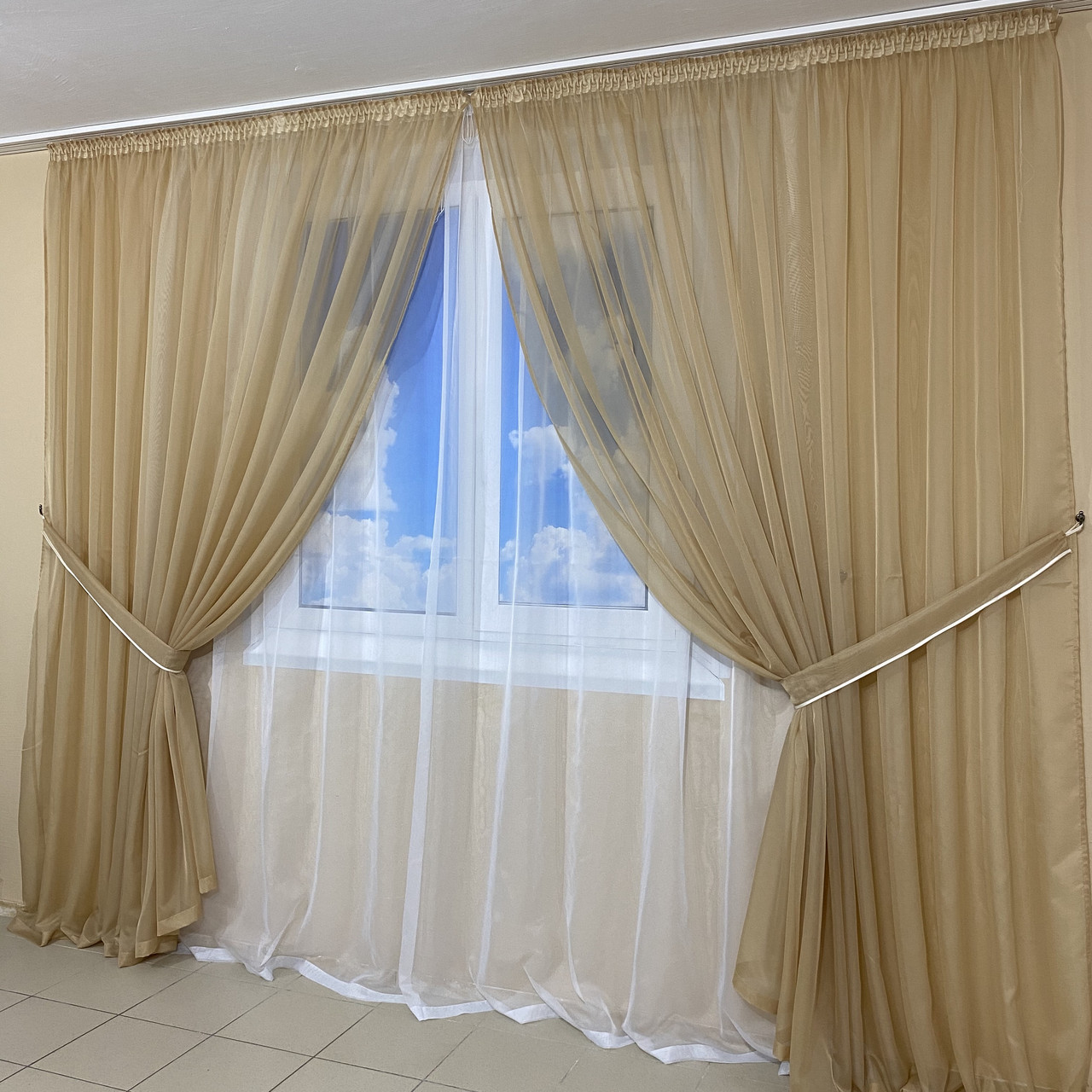 Комплект шифонових тюлів №424 3шт. 3*2,70 м і підхоплення Беж з білим