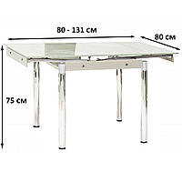 Білий квадратний скляний стіл Signal GD-082 80-131х80см розкладний на хромованих ніжках Польща