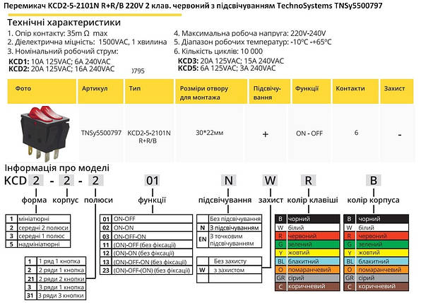 Перемикач KCD2-5-2101N R+R/B 220V 2 клавіші червона з підсвічуванням Ny95500797, фото 2