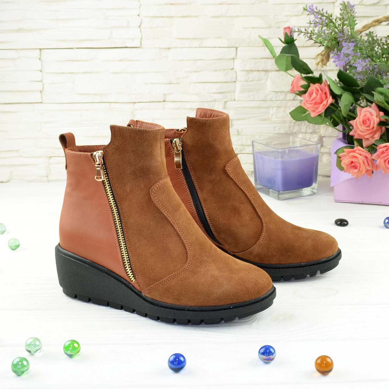 Черевики руді жіночі на танкетці, натуральна замша та шкіра, фото 1