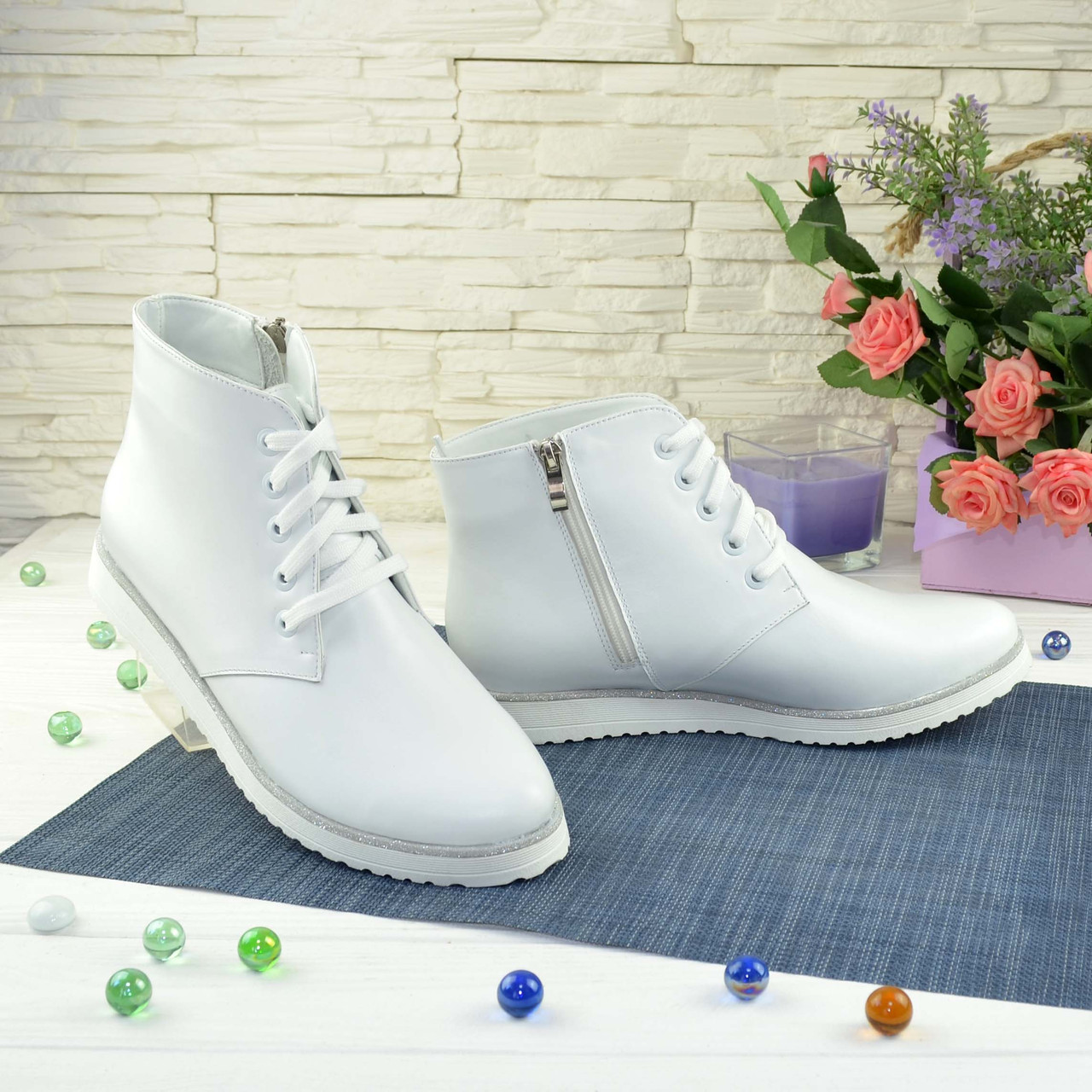Черевики жіночі білі шкіряні на шнурівці, потовщена підошва, фото 1