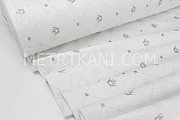 Тканина ранфорс " Корони на точкових ромбах із сердечками" срібло (глітер) на білому Туреччина 240 см