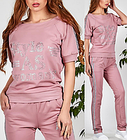 Костюм спортивний жіночий із коротким рукавом із лампасами No8897 кольору пудра