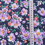 Поплін бавовна з бузковими квітами на темно-синьому тлі, ш. 150 см, фото 3