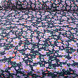 Поплін бавовна з бузковими квітами на темно-синьому тлі, ш. 150 см, фото 2