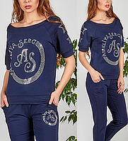 Жіночий турецький спортивний костюм літній зі стразами синій № 8896 синій