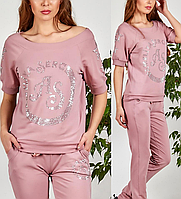 Жіночий турецький спортивний костюм літній зі стразами № 8896 пудра