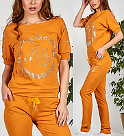 Спортивний костюм жіночий турецький гламурний стильний зі стразами № 8896 гірчиця