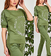 Стильний турецький гламурний спортивний костюм жіночий хакі зі стразами № 8896 хакі