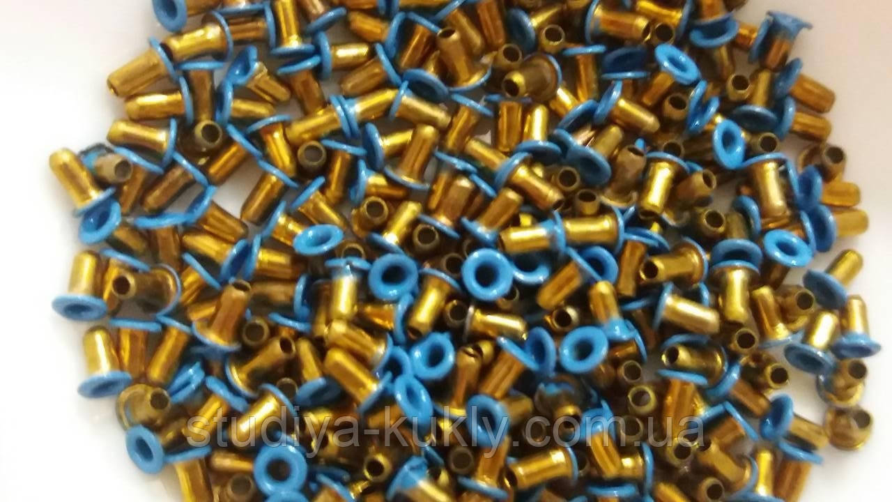 Мікро-люверси для ляльок, колір капелюшка - синій. Діаметр ніжки 1 мм, діаметр капелюшка 2.5 мм. Высота 3 мм. №6, фото 1