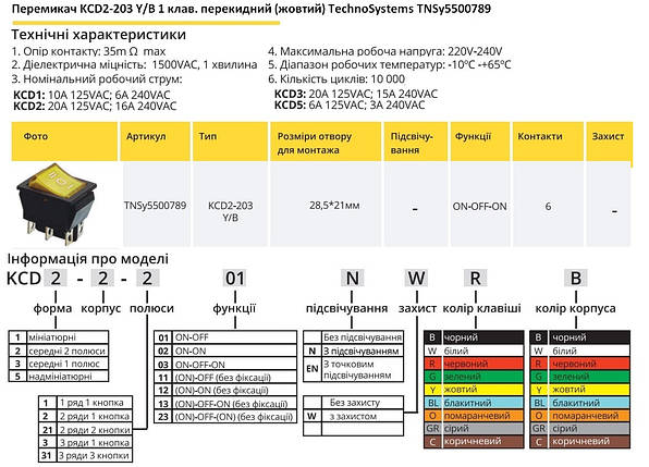 Перемикач KCD2-203 Y/B 1 кнопка жовта перекидний Ny95500789, фото 2