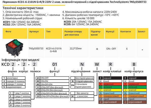 Перемикач KCD1-6-2101N G R/B 220V 2 клавіші зелена червона з підсвічуванням TNSy5500733, фото 3