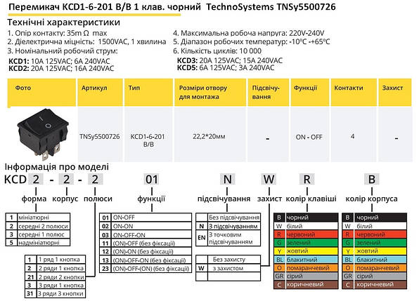 Перемикач KCD1-6-201 B/B 1 клавіша чорний TNSy5500726, фото 2