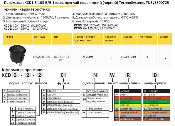 Перемикач KCD1-5-103 B/B 1 клавіша чорний круглий перекидний TNSy5500725, фото 2