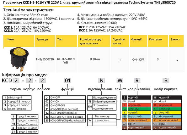 Перемикач KCD1-5-101N Y/B 220V 1 кнопка жовта кругла з підсвічуванням TNSy5500720, фото 2