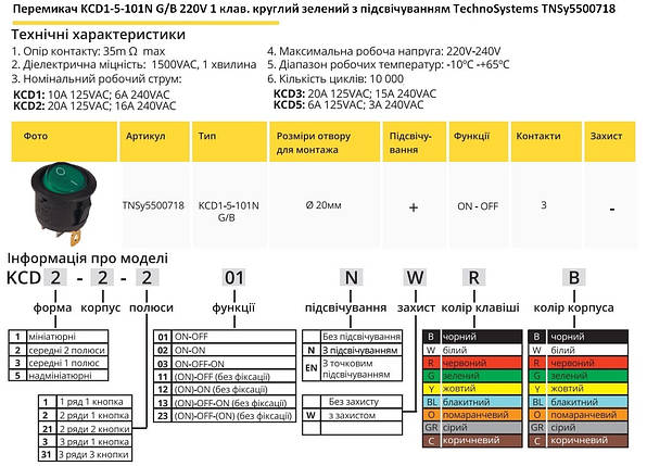 Перемикач KCD1-5-101N G/B 220V 1 кнопка зелена кругла з підсвічуванням TNSy5500718, фото 2