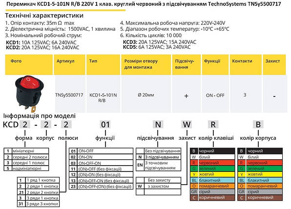 Перемикач KCD1-5-101N R/B 220V 1 клавіша червона кругла з підсвічуванням TNSy5500717, фото 2
