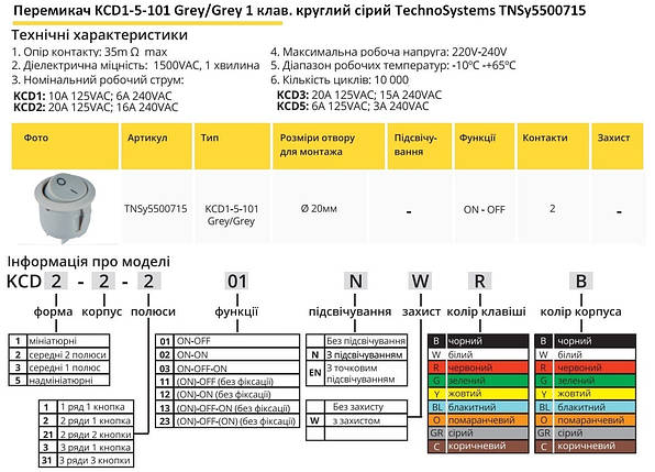 Перемикач KCD1-5-101 Grey/Grey 1 клавіша сіра кругла TNSy5500715, фото 2