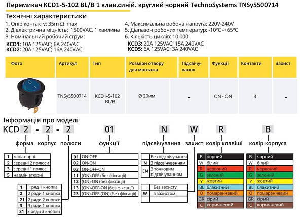 Перемикач KCD1-5-102 BL/B 1 кнопка синя кругла TNSy5500714, фото 2