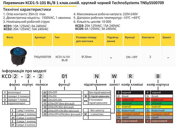Перемикач KCD1-5-101 BL/B 1 кнопка синя кругла TNSy5500709, фото 2