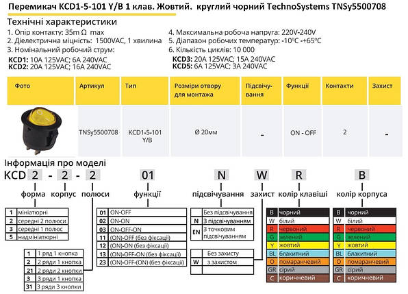 Перемикач KCD1-5-101 Y/B 1 кнопка жовта кругла Ny95500708, фото 2