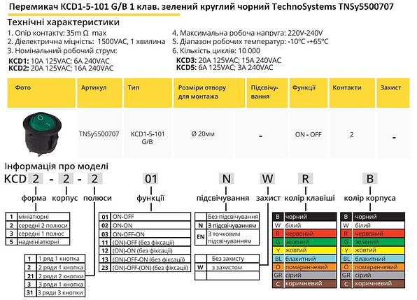 Перемикач KCD1-5-101 G/B 1 кнопка зелена кругла TNSy5500707, фото 2