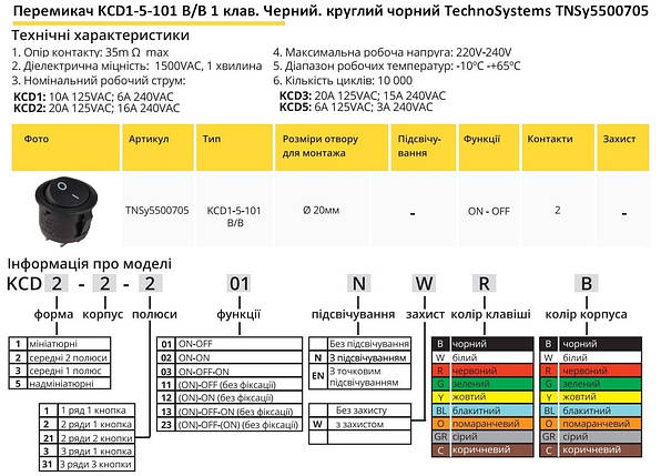 Перемикач KCD1-5-101 B/B 1 клавіша чорна кругла TNSy5500705, фото 2