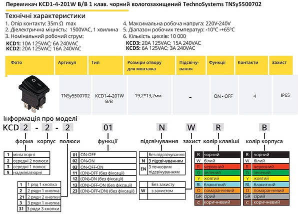 Перемикач KCD1-4-201W B/B 1 клавіша чорна вологозахищена TNSy5500702, фото 2