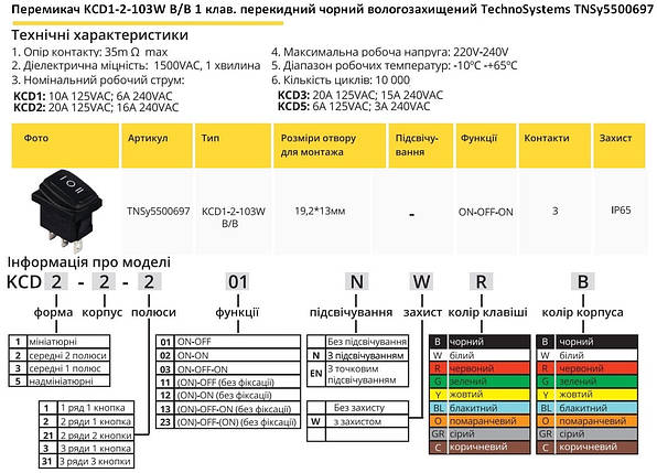 Перемикач KCD1-2-103W B/B 1 клавіша чорна перекидна вологозахищена TNSy5500697, фото 2